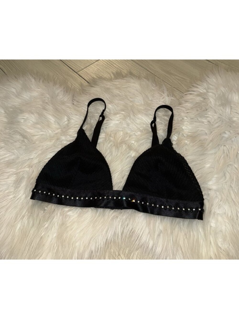 Cabernet S62TN500 Bralette Triangle Cups Wire Free Rhinestones Womens M Black